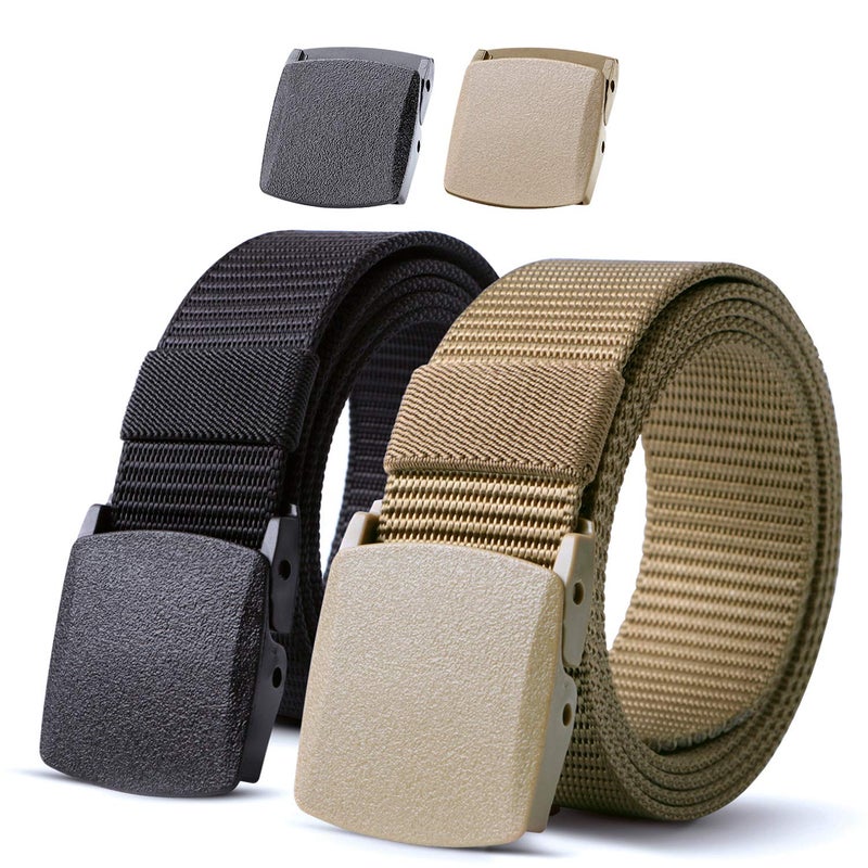 JASGOOD Nylon Military Tactical Men Belt 2 Pack Webbing Outdoor Web Belt With Plastic Buckle Snow Pants Belts, A-Black+Green Khaki, Fits Pant up to 45 Inch - Image 1